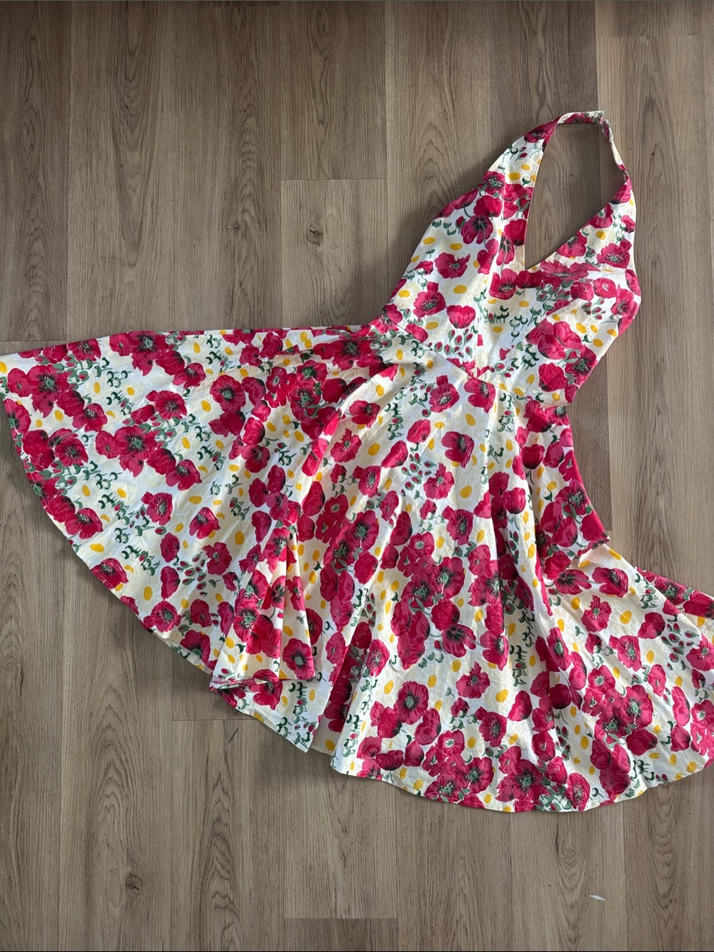 Unique Vintage White Halter Midi Dress with Pink & Yellow Floral Print